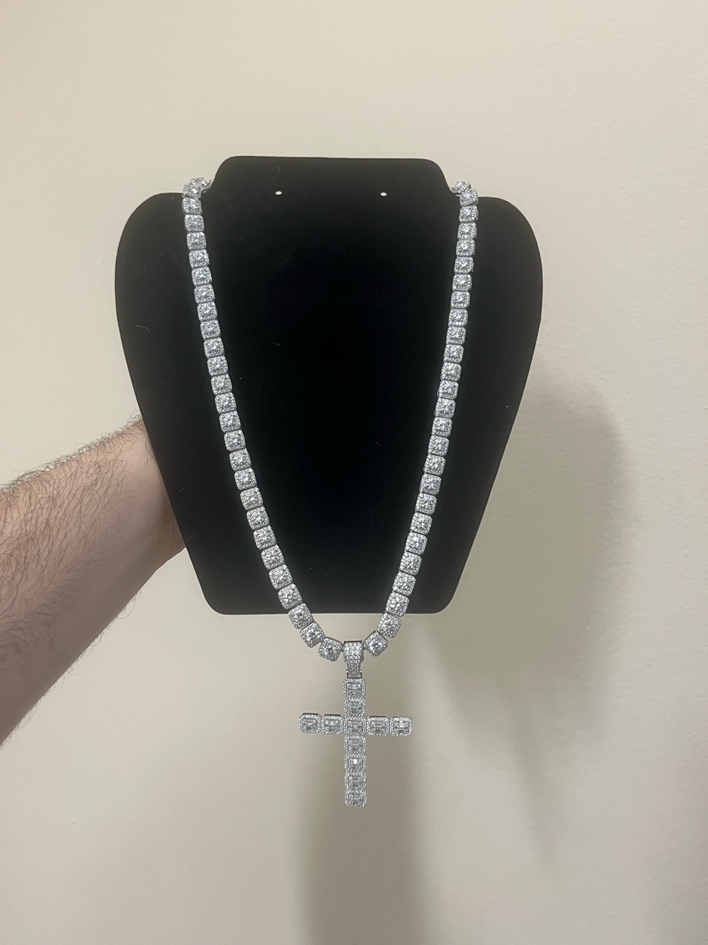 8mm Moissanite Tennis Chain 22" + Cross - Solid 925 Silver - PASSES TESTER